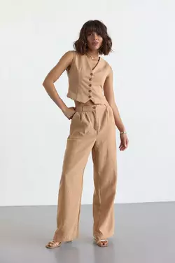 Женский брючный костюм с жилеткой - светло-коричневый цвет, L (есть размеры)