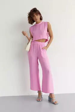 Летний женский костюм с брюками и топом с завязками - розовый цвет, L (есть размеры)