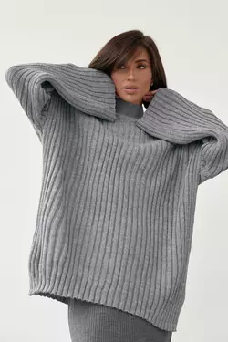 Женский вязаный свитер oversize в рубчик - серый цвет, S (есть размеры)