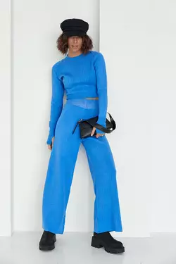 Женский костюм с широкими брюками и коротким джемпером - синий цвет, L (есть размеры)