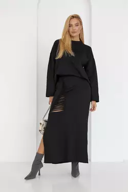 Женский юбочный костюм с с оригинальным декором - черный цвет, L (есть размеры)