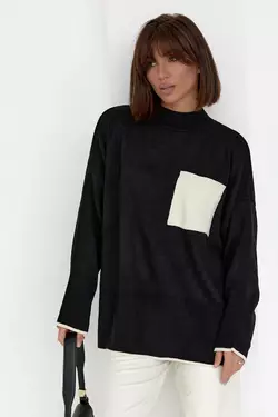 Женская кофта oversize с карманом на груди - черный цвет, S (есть размеры)