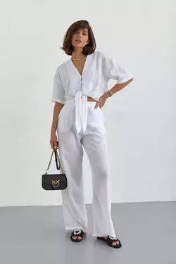 Женский летний костюм с брюками и блузкой на завязках - белый цвет, L (есть размеры)