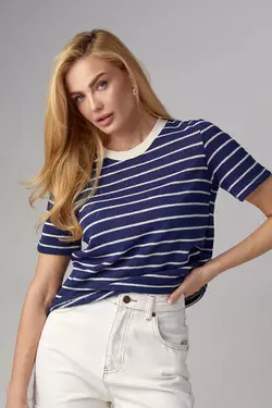 Вязаная женская футболка в полоску - синий цвет, L (есть размеры)