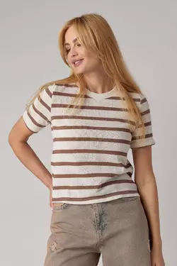 Женская вязаная футболка в полоску - кофейный цвет, S (есть размеры)