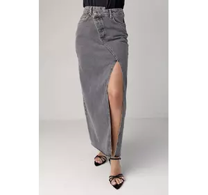 Джинсовая юбка с разрезом и боковым гульфиком - черный цвет, 38р (есть размеры)