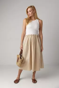 Комбинированное платье миди с пышной юбкой - бежевый цвет, L (есть размеры)