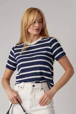 Женская вязаная футболка в полоску - синий цвет, M (есть размеры)