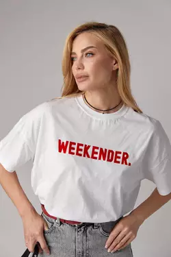 Трикотажная футболка с надписью Weekender - белый с красным цвет, L (есть размеры)