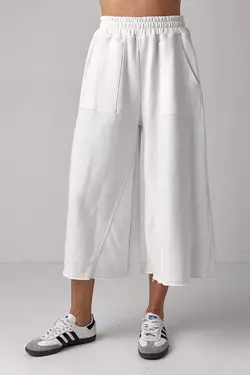 Трикотажные штаны-кюлоты с накладными карманами - молочный цвет, S/M (есть размеры)