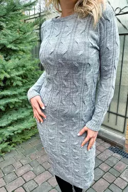 Вязанное платье длины миди с красивой объемной вязкой - серый цвет, S