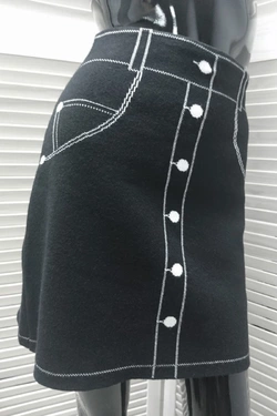 LUREX Трикотажная мини-юбка с нарисованными пуговицами и карманами - черный цвет, L
