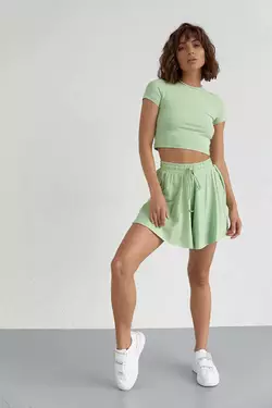 Трикотажный женский комплект с футболкой и шортами - салатовый цвет, L/XL (есть размеры)