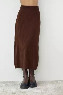 Женская юбка миди в широкий рубчик - коричневый цвет, S (есть размеры)