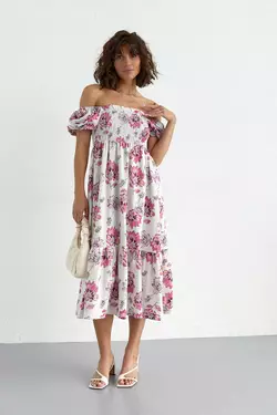 Летнее платье в цветочный узор с открытыми плечами - розовый цвет, L (есть размеры)