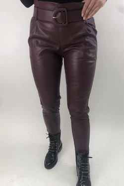 MiLanSheng Нарядные кожаные брюки с ремнем пряжкой - бордо цвет, XL