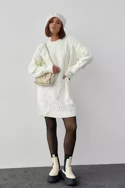 Вязаное платье-туника с узорами из косичек и ромбов - молочный цвет, L (есть размеры)