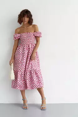 Платье в мелкие цветы с открытыми плечами - розовый цвет, M (есть размеры)