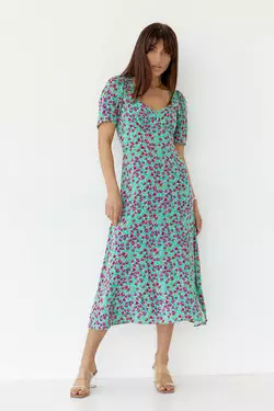 Платье миди с разрезом в цветочный принт - зеленый цвет, S (есть размеры)