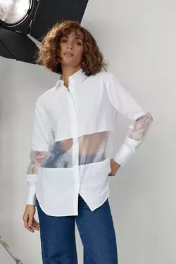 Удлиненная женская рубашка с прозрачными вставками - белый цвет, M (есть размеры)