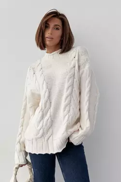 Вязаный свитер с косами oversize - кремовый цвет, L (есть размеры)