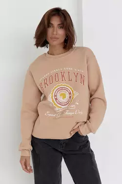Трикотажный свитшот на флисе с надписью Brooklyn - бежевый цвет, L (есть размеры)