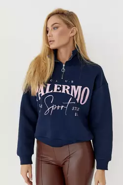 Утепленный свитшот с молнией на горловине и надписью Palermo - темно-синий цвет, L (есть размеры)