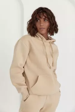Женское теплое худи с карманом спереди - бежевый цвет, L/XL (есть размеры)