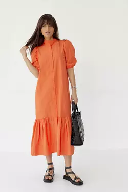 Длинное платье на пуговицах с оборкой по низу - оранжевый цвет, M (есть размеры)