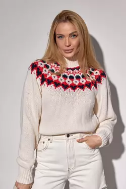Укороченный вязаный свитер с орнаментом - молочный цвет, L (есть размеры)