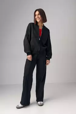 Трикотажный женский костюм с бомбером и прямыми штанами - черный цвет, L (есть размеры)