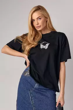Женская футболка oversize с принтом бабочки - черный цвет, L (есть размеры)