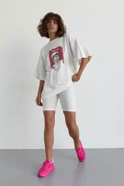 Женский костюм с футболкой oversize и велосипедками - молочный цвет, M (есть размеры)