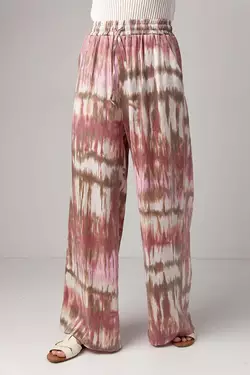 Летние прямые штаны на резинке с абстрактным принтом - розовый цвет, S (есть размеры)