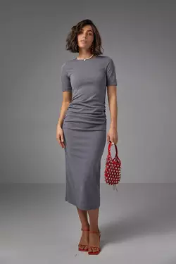 Силуэтное платье миди с драпировкой - серый цвет, S (есть размеры)