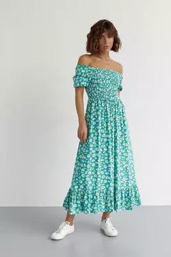 Женское длинное платье с эластичной талией и оборкой ESPERI - изумрудный цвет, L (есть размеры)