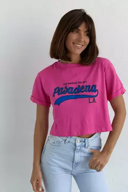Укороченная футболка с надписью Pasadena - фуксия цвет, L (есть размеры)