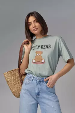 Хлопковая футболка с принтом медвежонка - мятный цвет, M (есть размеры)