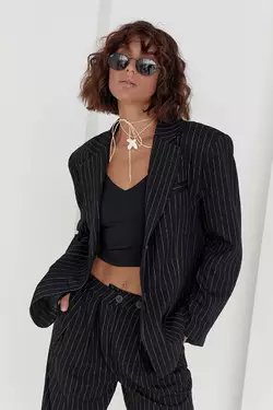 Женский пиджак на пуговицах в полоску - черный цвет, L (есть размеры)