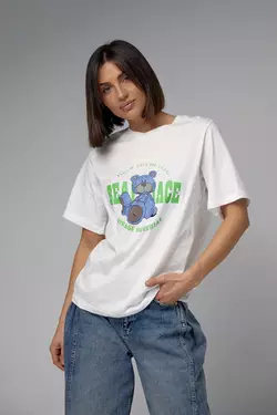 Хлопковая футболка с ярким принтом медведя - белый цвет, L (есть размеры)