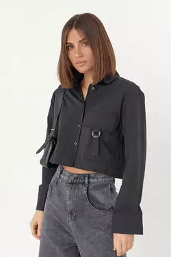 Укороченная женская рубашка с накладным карманом - черный цвет, S (есть размеры)