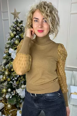 Jasmine Роскошный свитер с ажурными рукавами декорированными принтом горох - кофейный цвет, S