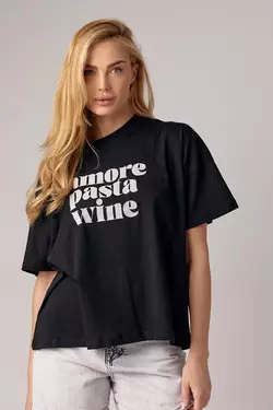 Женская футболка oversize с надписью Amore pasta wine - черный цвет, L (есть размеры)