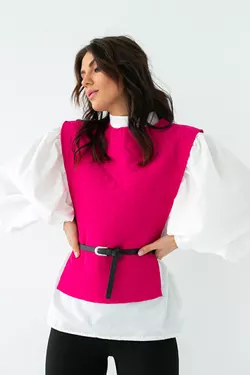 Блуза с объемными рукавами с накидкой и поясом ELISA - фуксия цвет, S (есть размеры)