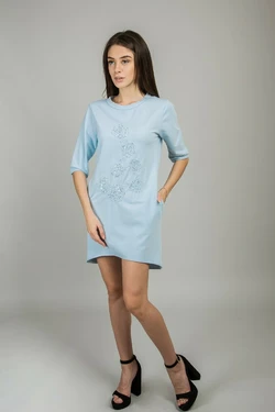 LUREX Платье с вышитыми цветами - небесно-голубой цвет, XS