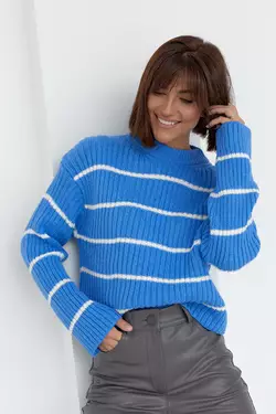 Женский вязаный свитер оверсайз в полоску - синий цвет, L (есть размеры)