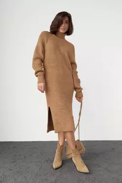 Вязаное платье миди с разрезами - коричневый цвет, L (есть размеры)