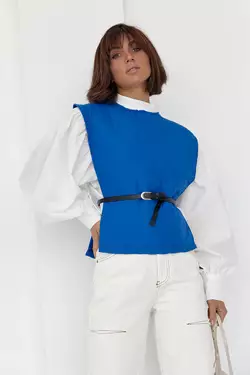Блуза с объемными рукавами с накидкой и поясом ELISA - синий цвет, L (есть размеры)