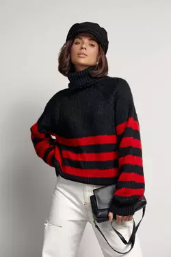 Вязаный женский свитер в полоску - красный цвет, S (есть размеры)