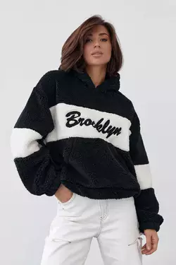 Женское худи из экомеха с надписью Brooklyn - черный цвет, L (есть размеры)